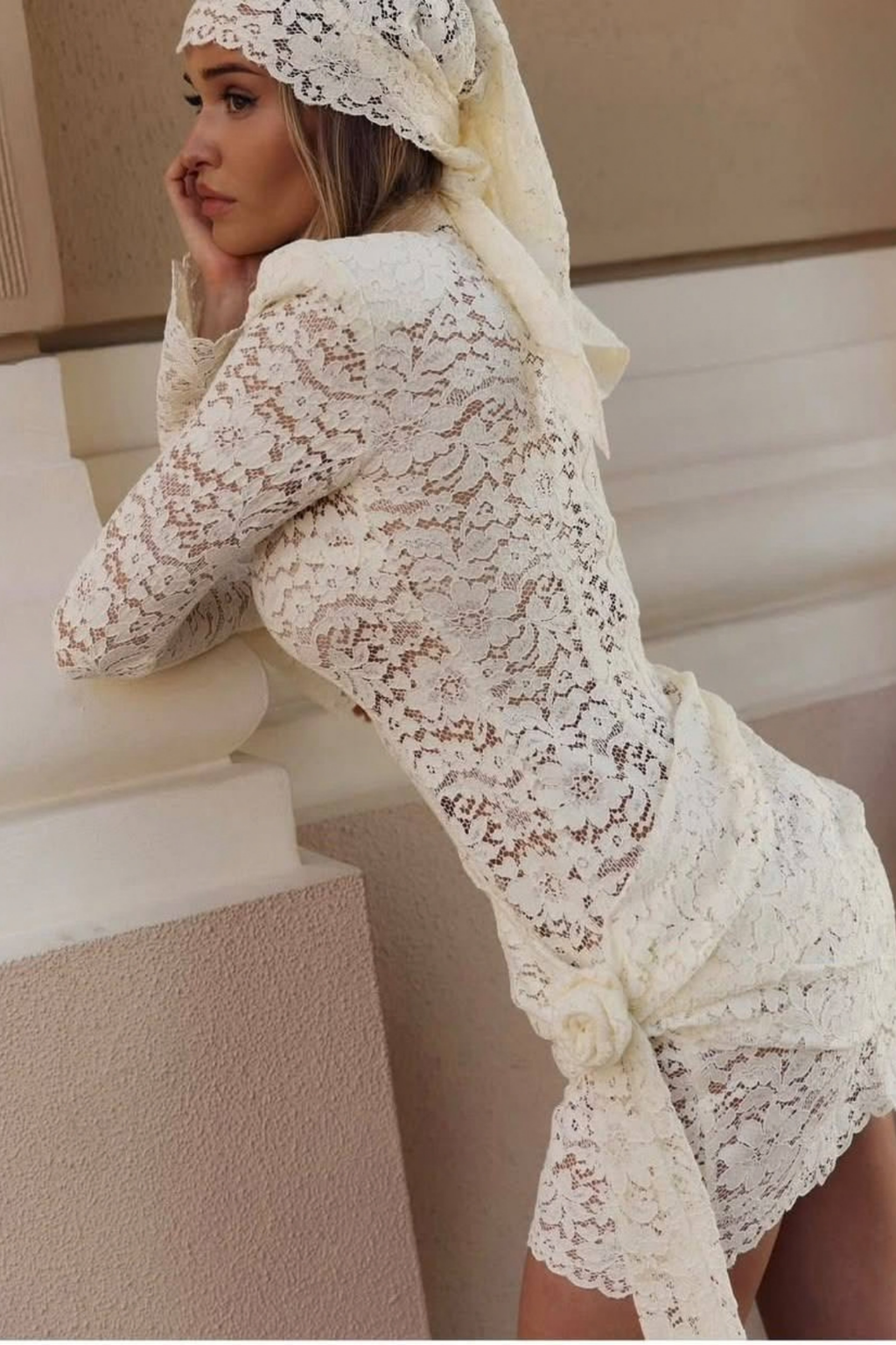 Laven Dantel Mini Elbise Gül+Eşarp