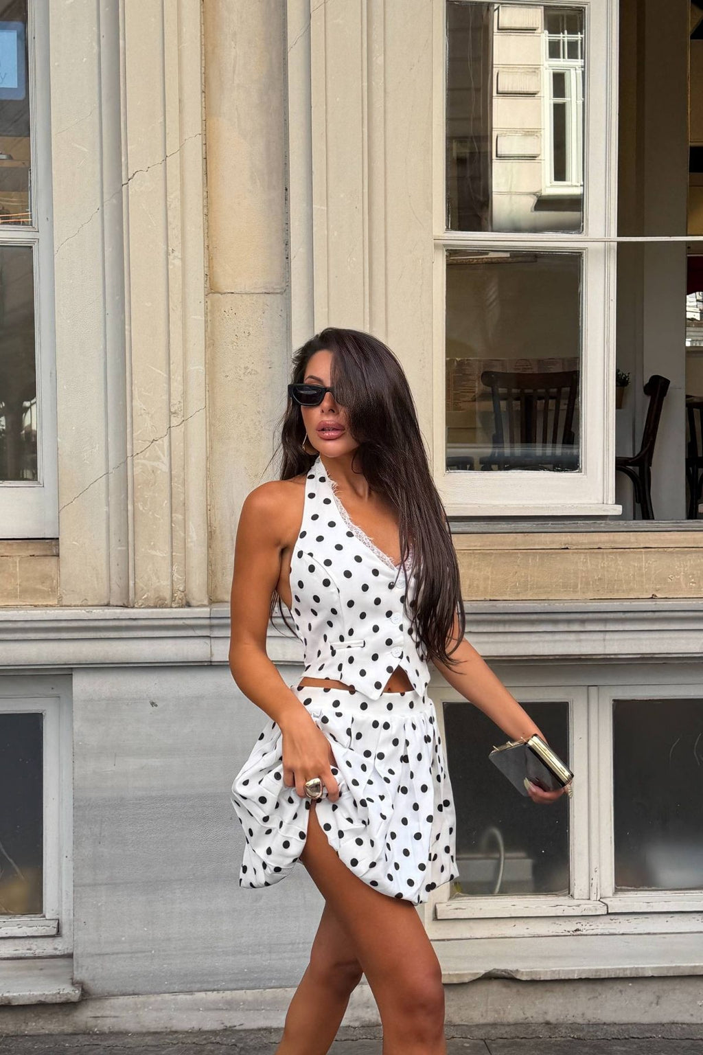 Puantiyeli Şortlu Etek Crop Takım