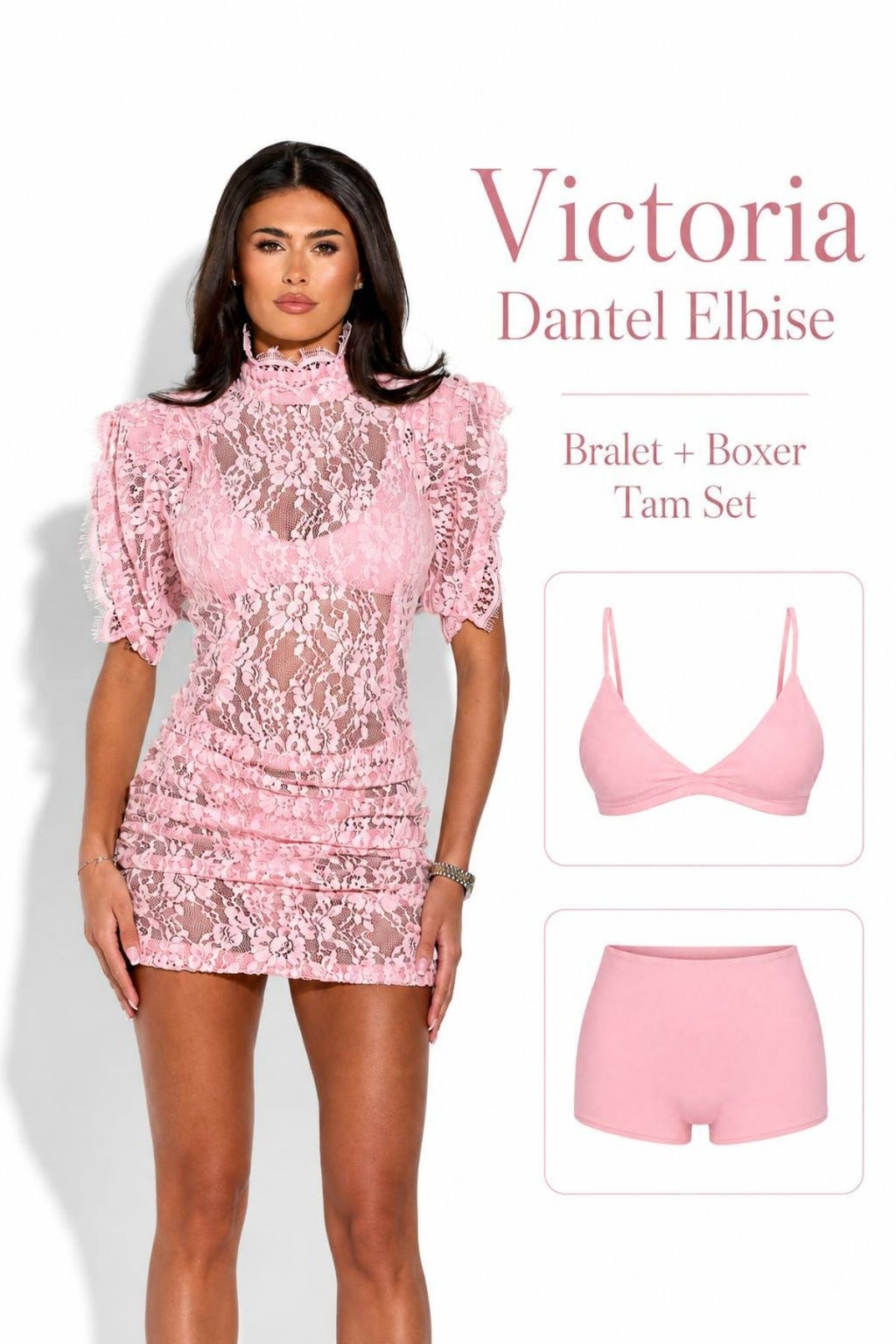 Victoria 3 lü Bralet Şort Mini Dantel Elbiese