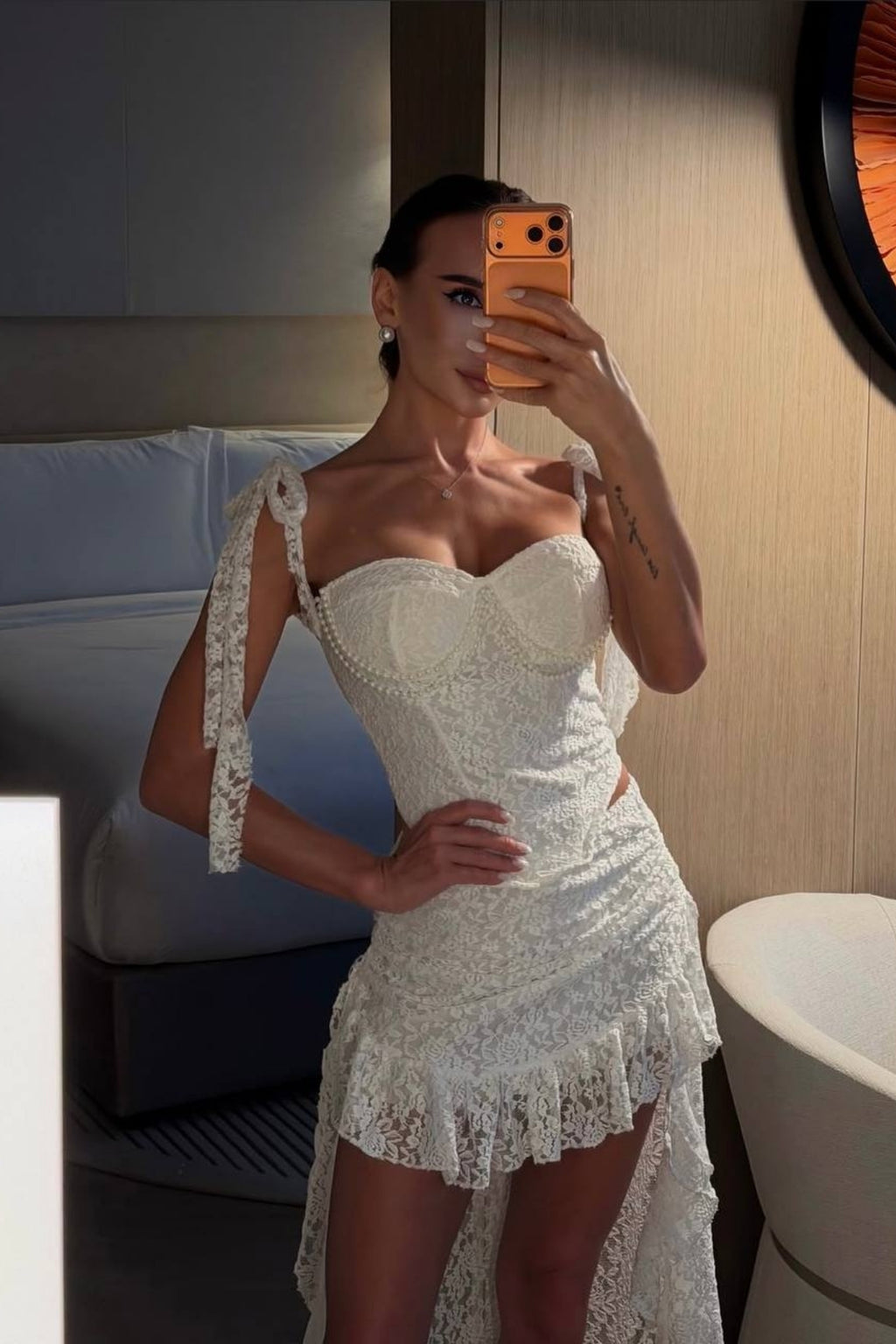Straplez Model Korse Bustiyer Asimetrik Dantel Etek Takım