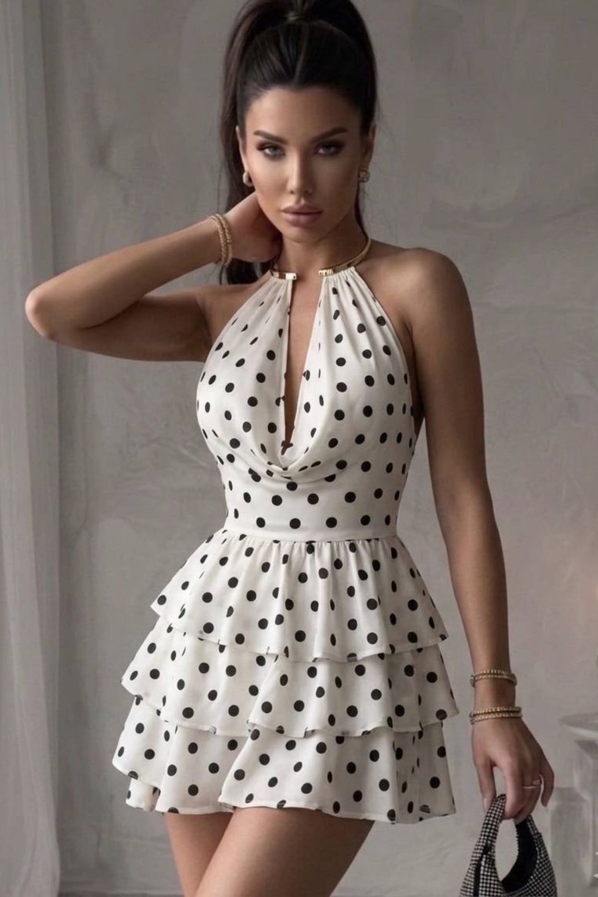 Kat Kat Fırfırlı Puantiyeli Mini Elbise