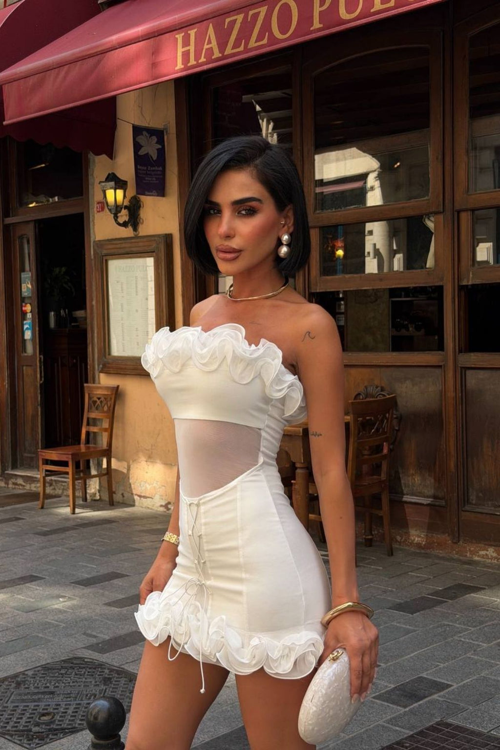 Straplez Ruffles Detay Mini Elbise