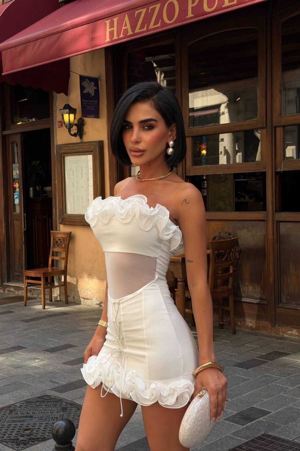 Straplez Ruffles Detay Mini Elbise