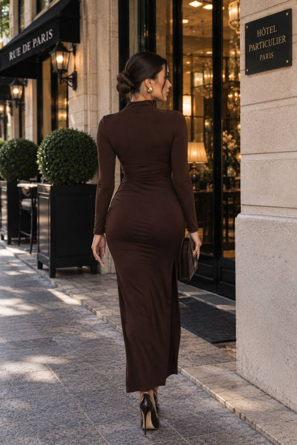 Omuz Büzgülü Belden Kruvaze Toka Detay Yırtmaçlı Uzun Elbise