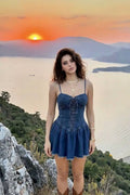 Kuşgözü İp Dekolteli Kot Kloş Elbise