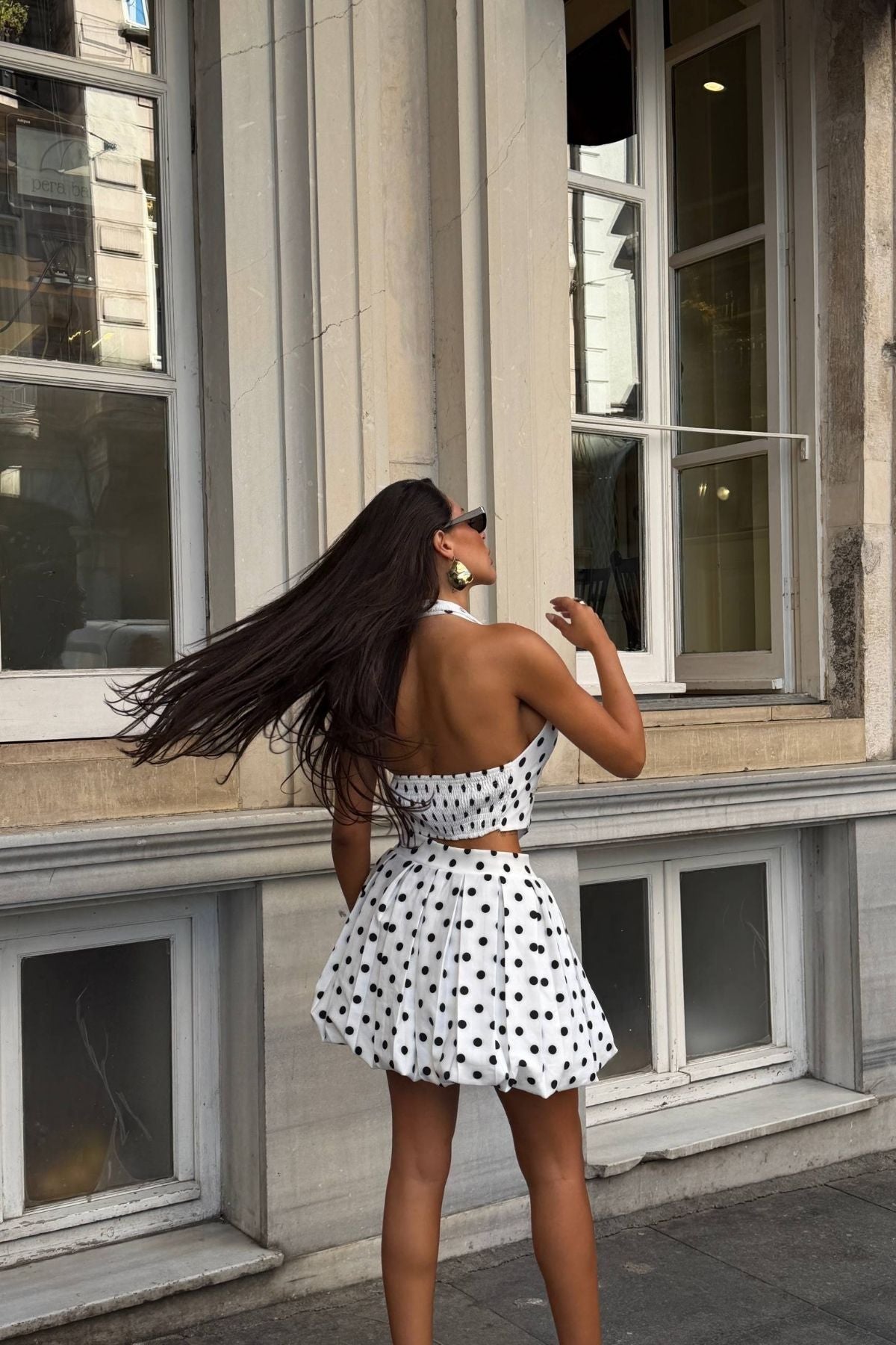 Puantiyeli Şortlu Etek Crop Takım