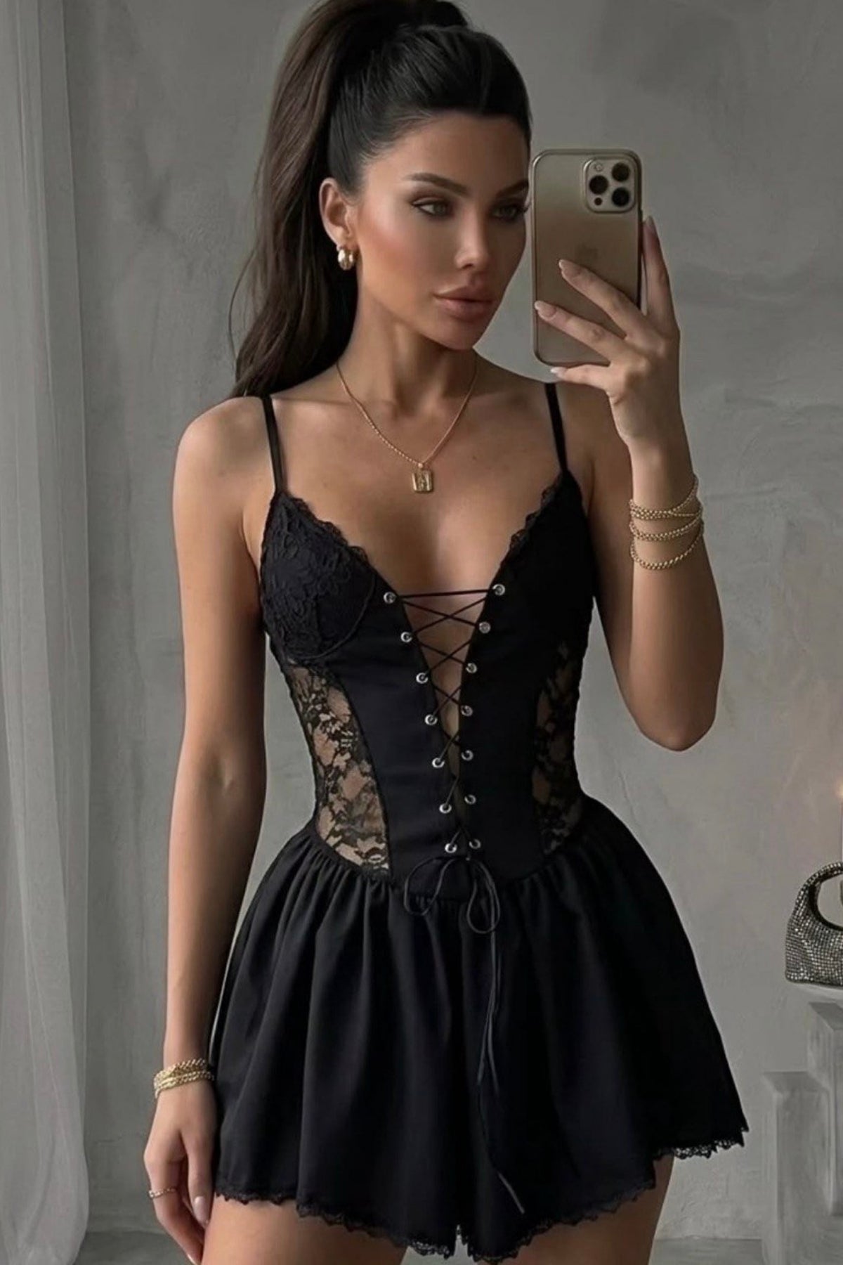 Kuşgözü Detaylı Dantel Korse Kloş Mini Elbise Mezuniyet