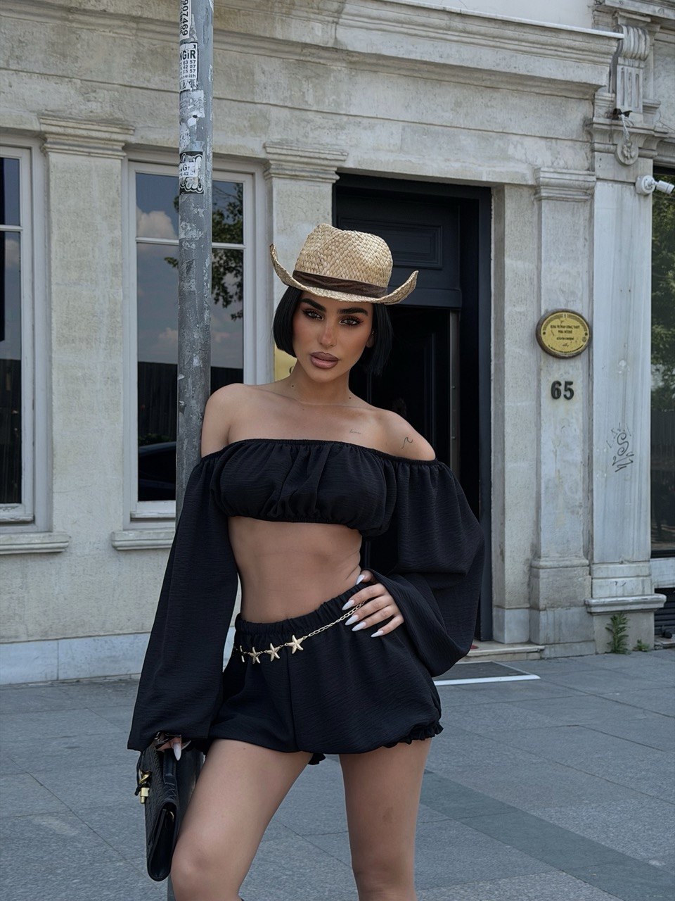 Takma Kol Straplez Crop Balon Şort Etek İkili Takım
