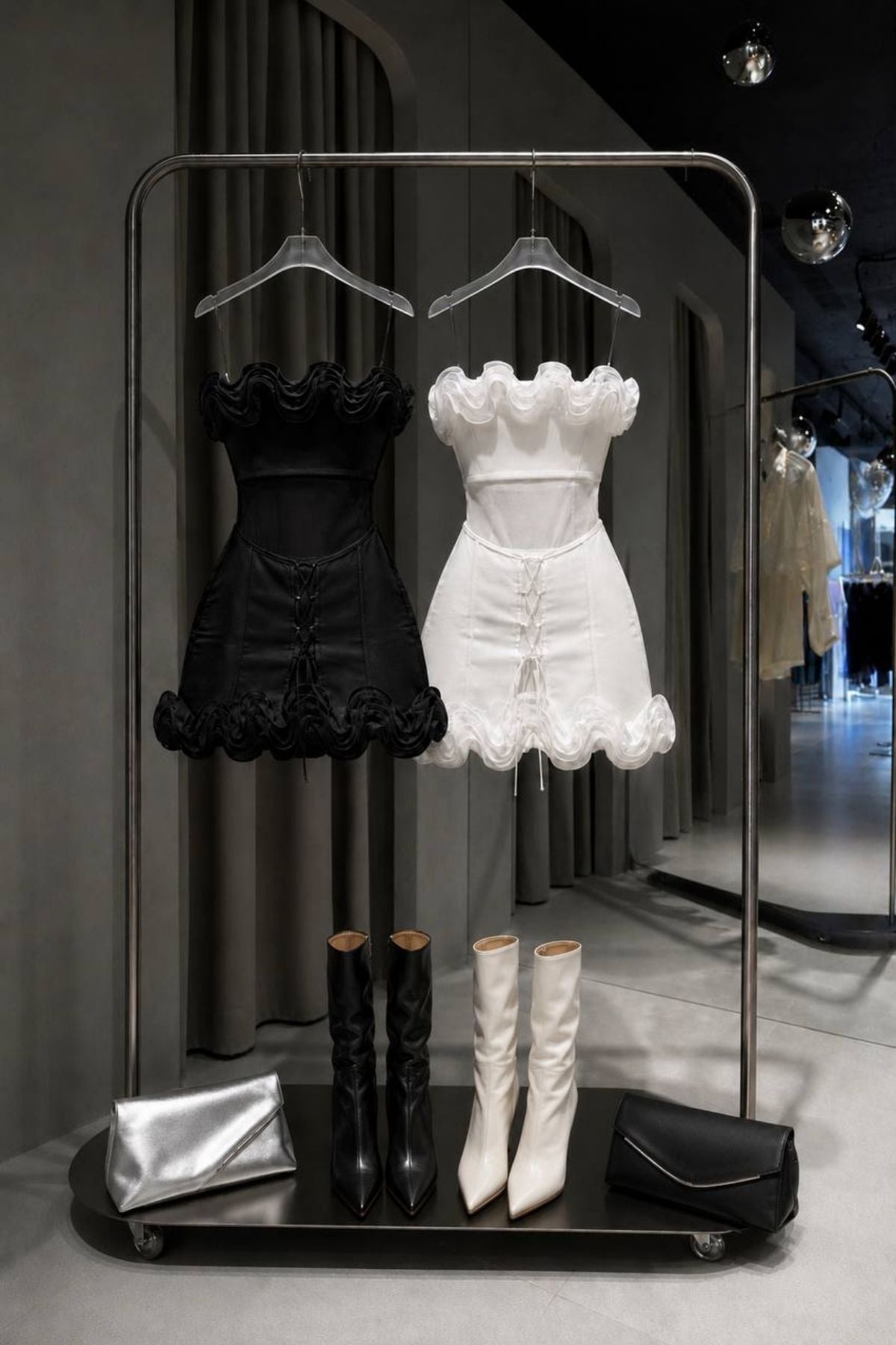 Straplez Ruffles Detay Mini Elbise