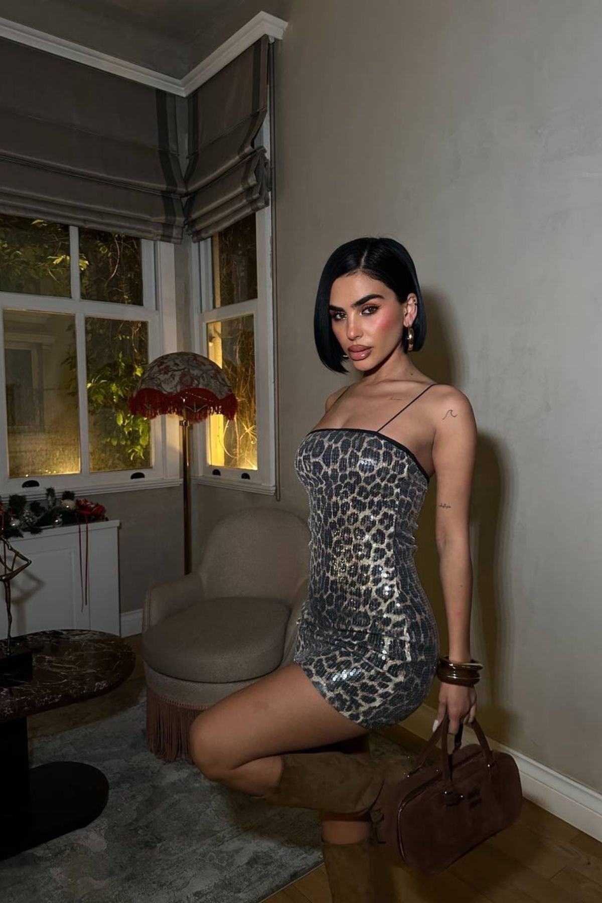 İnce Askılı Leopar Pul Payet Mini Elbise