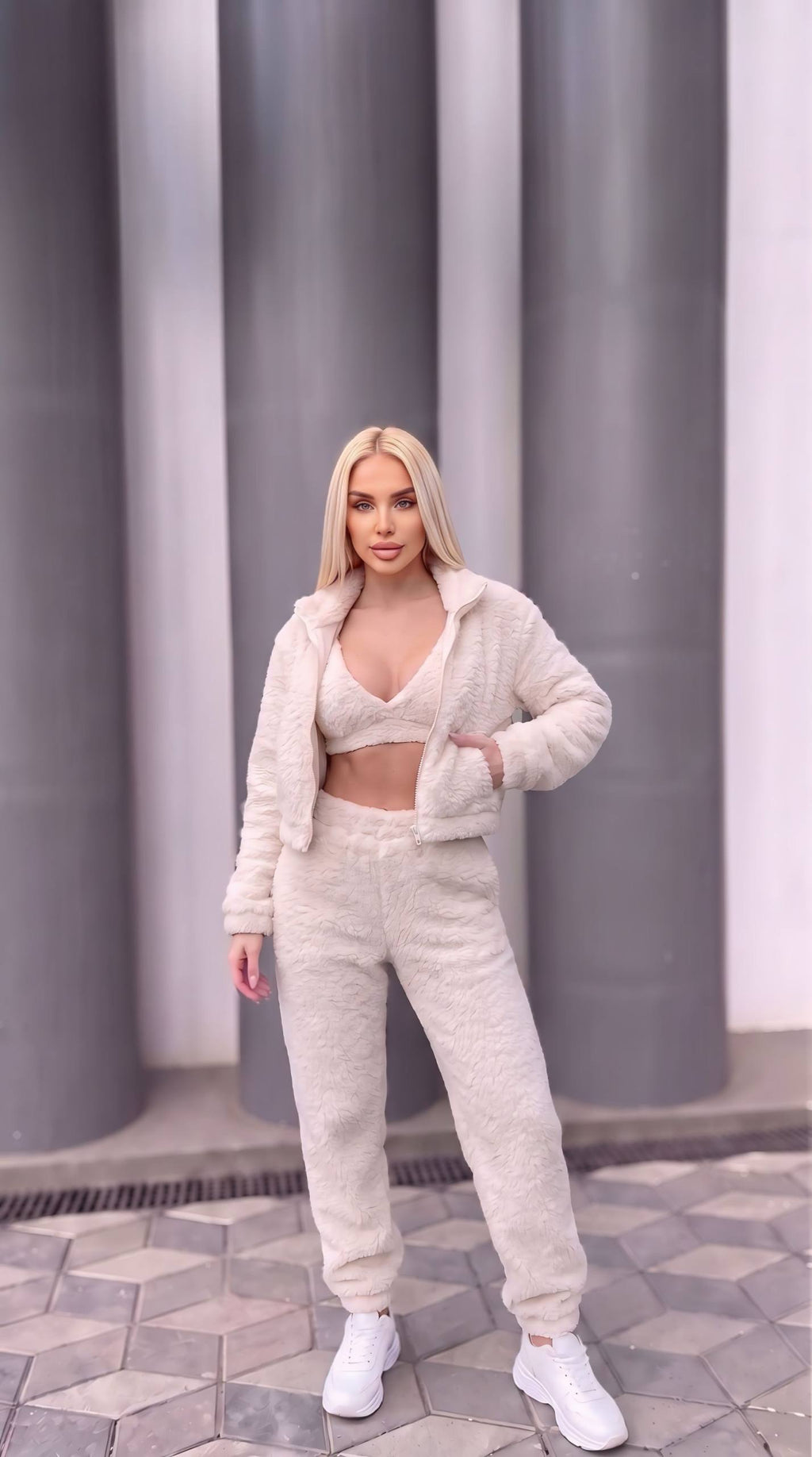 3 lü Crop Teddy Eşofman Takım