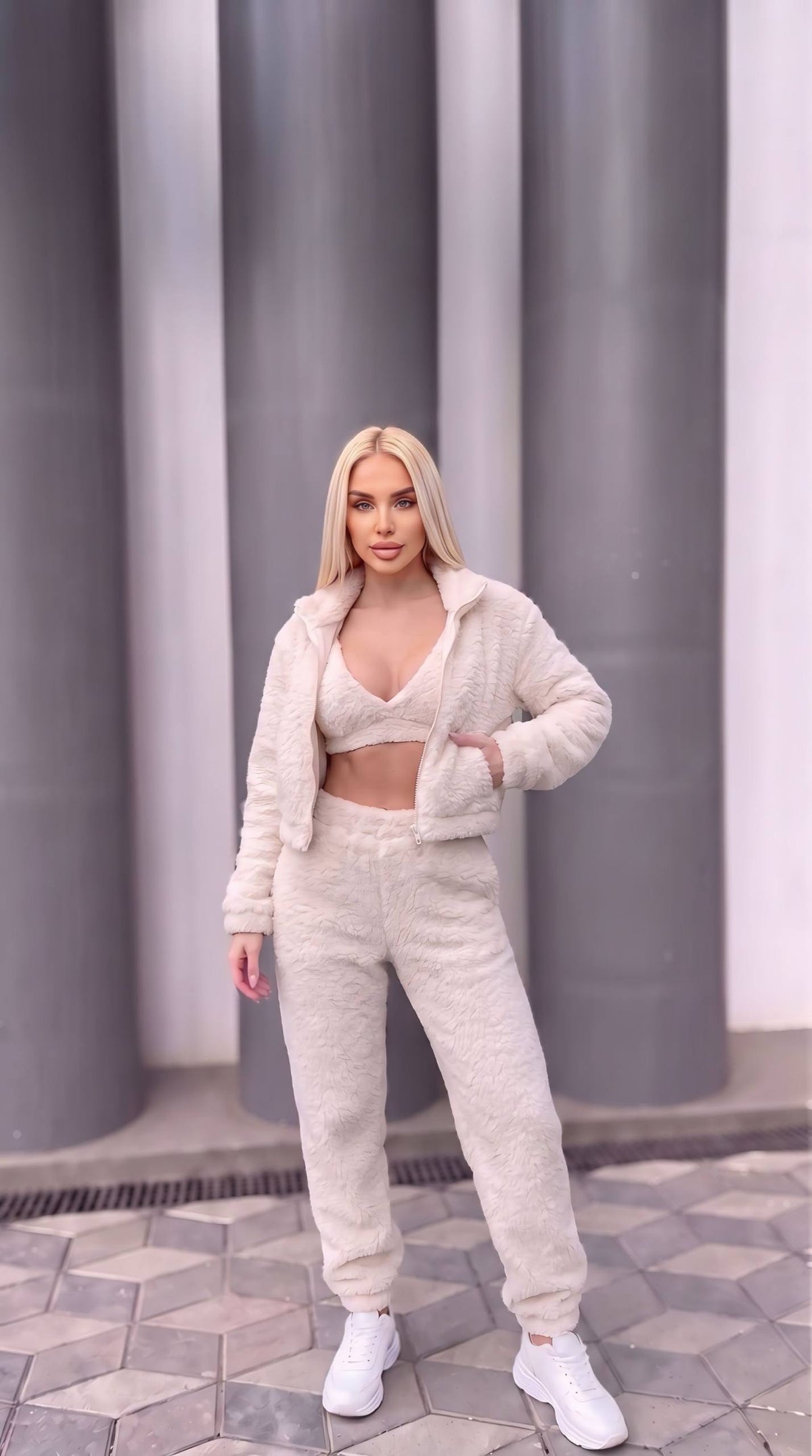 3 lü Crop Teddy Eşofman Takım