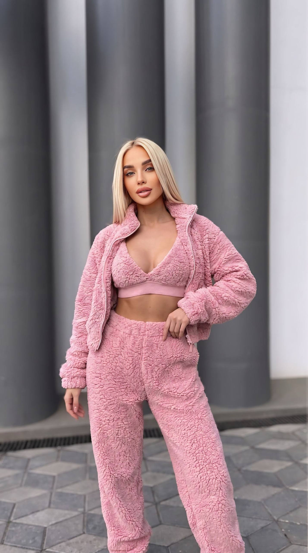 3 lü Crop Teddy Eşofman Takım