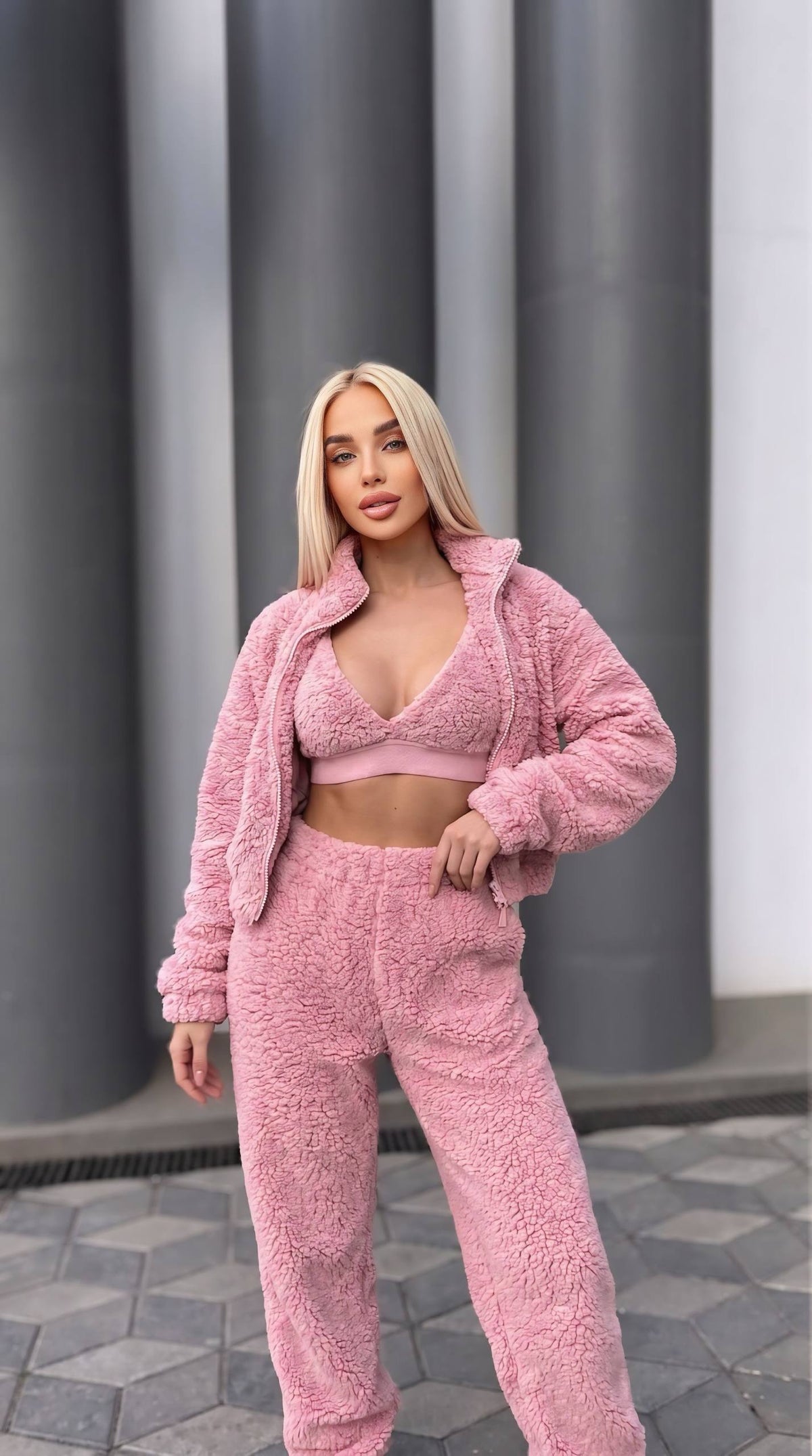 3 lü Crop Teddy Eşofman Takım