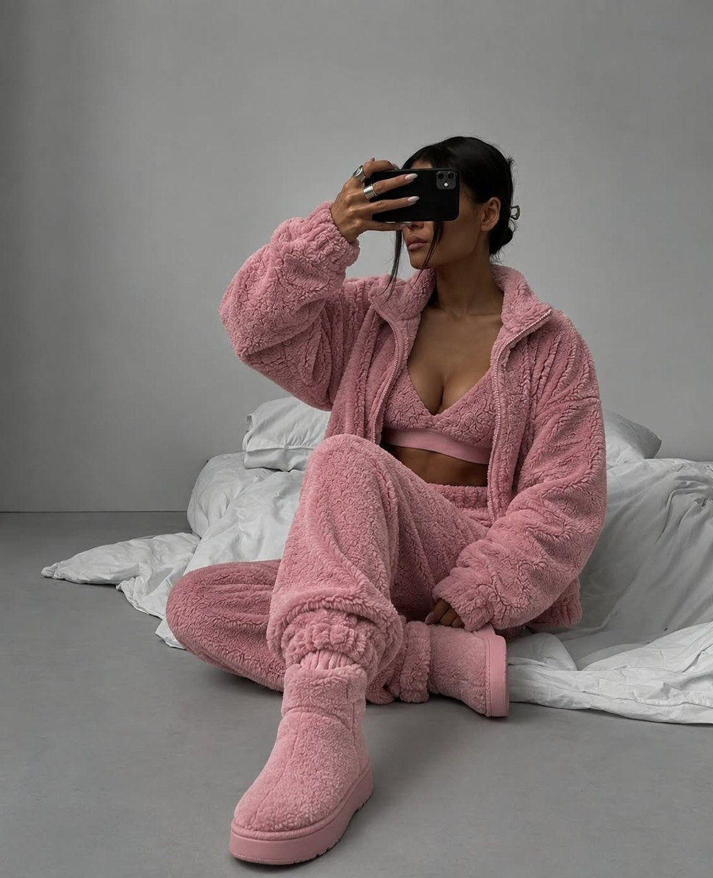 3 lü Crop Teddy Eşofman Takım