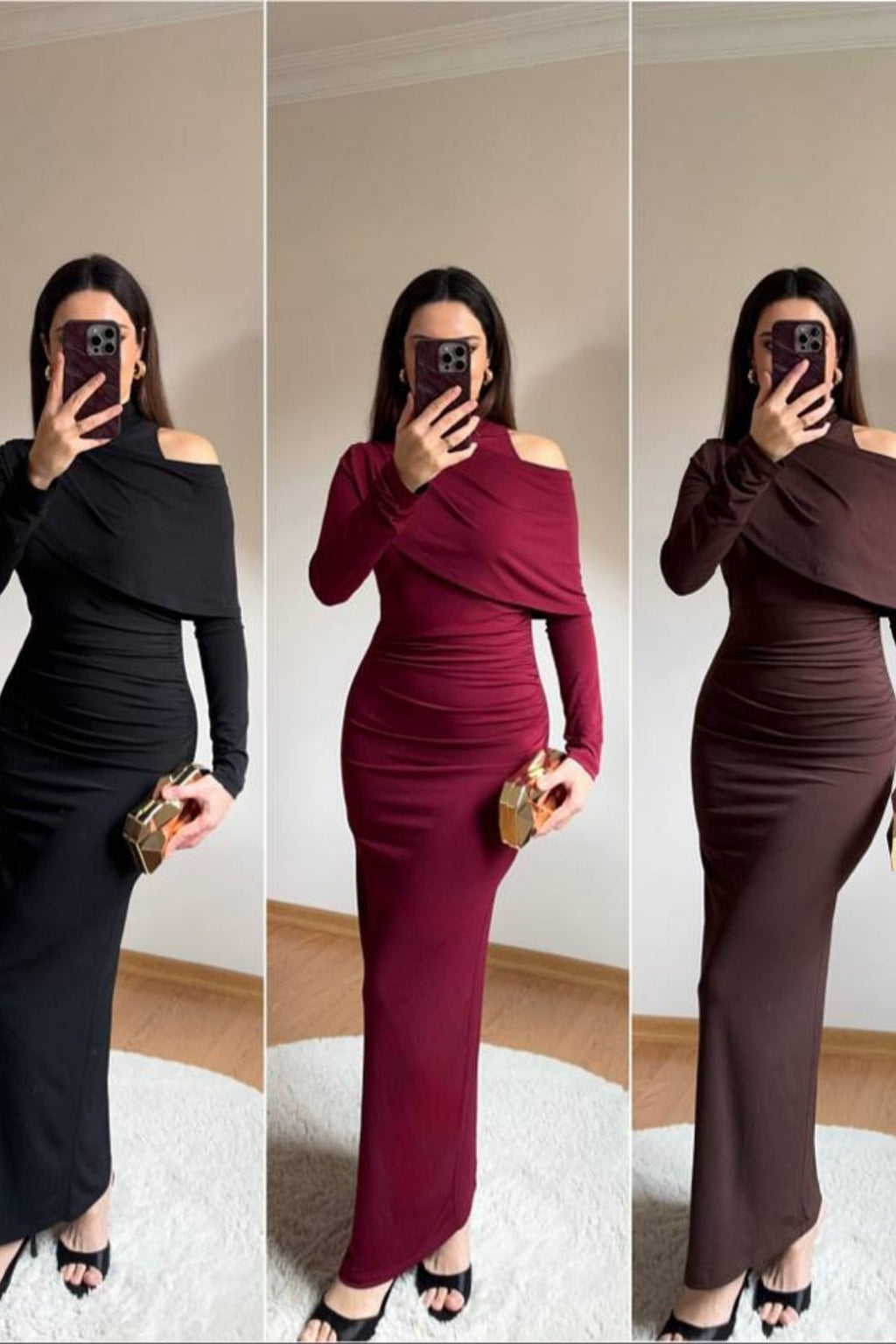 Omuz Dekolte Şal Yaka Büzgülü Uzun Elbise