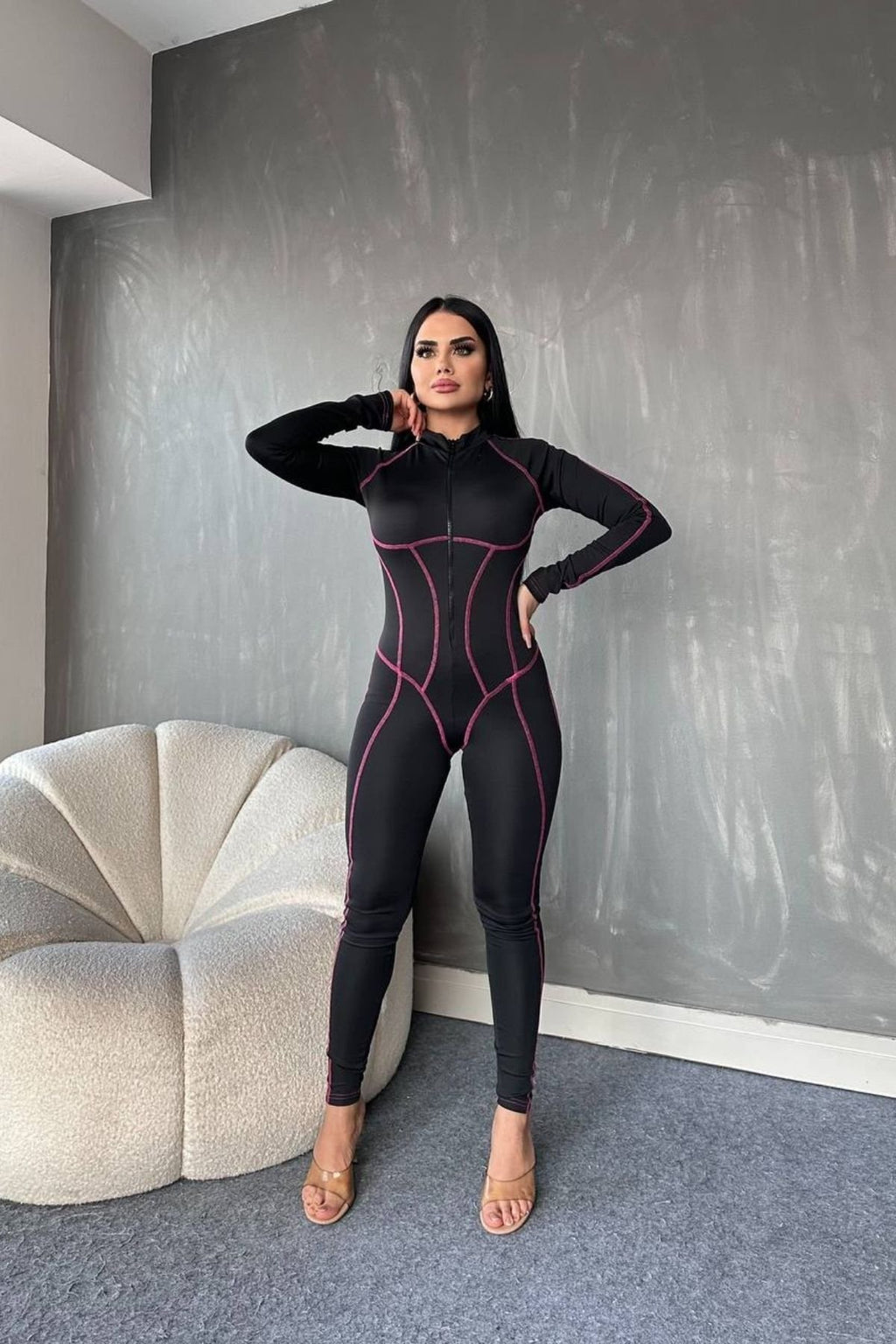 Fermuarlı Çizgi Tetaylı Spor Tulum