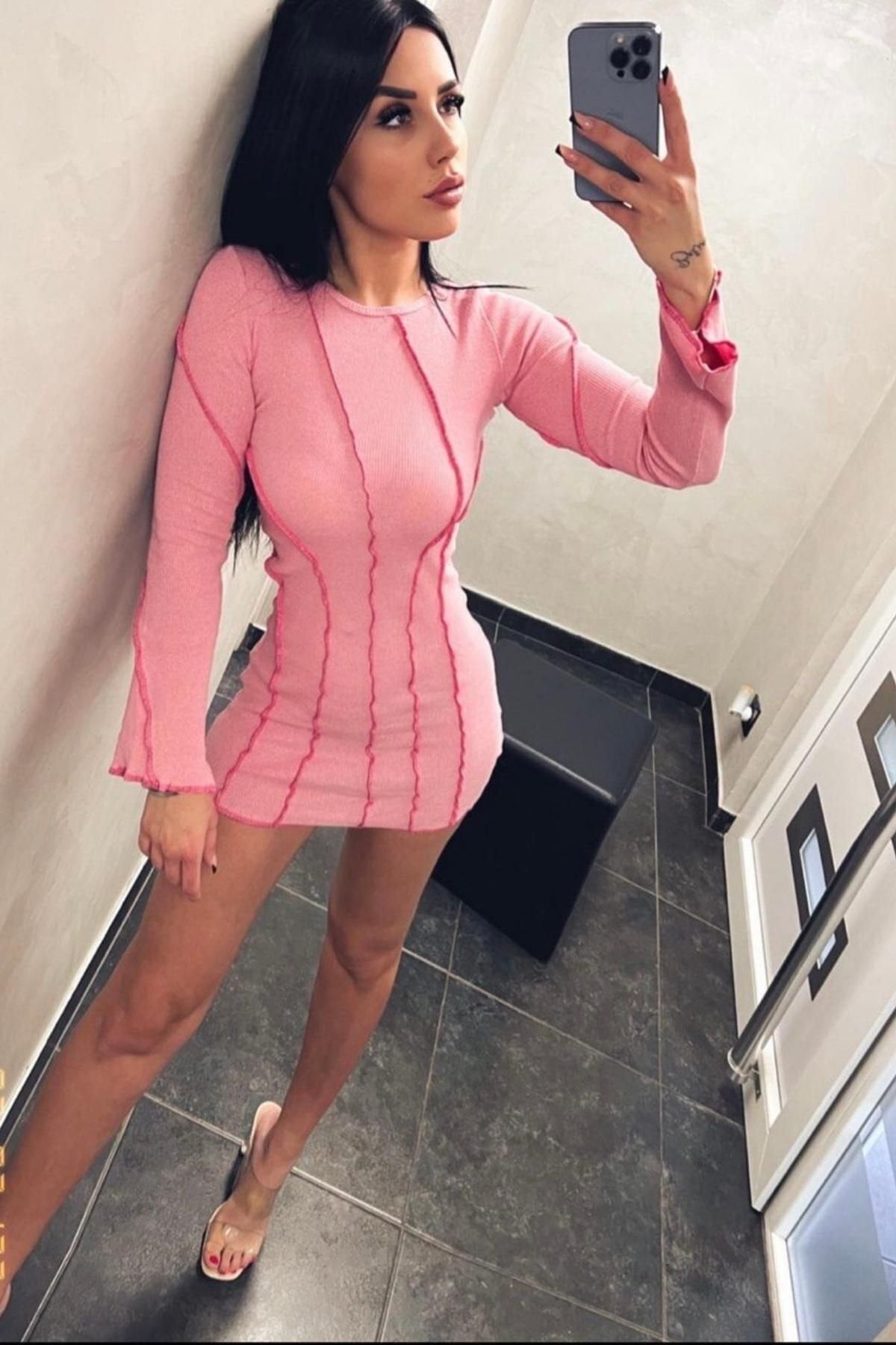 Love Fab Özel Tasarım Ters Dikişli Uzun Kol Mini Elbise