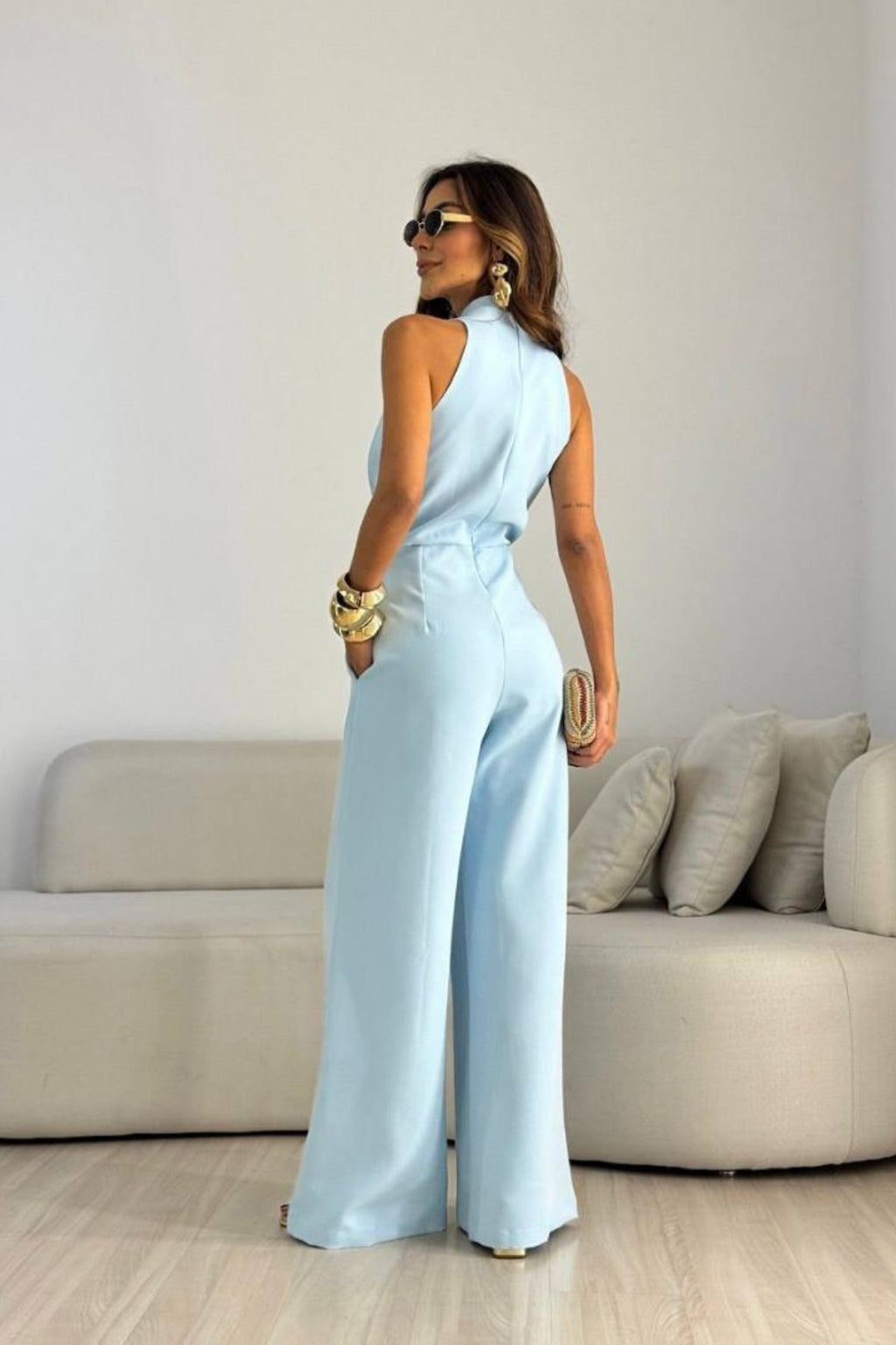 Degaje Yaka Baglama Detay Slim Fit Basic Şık Tulum