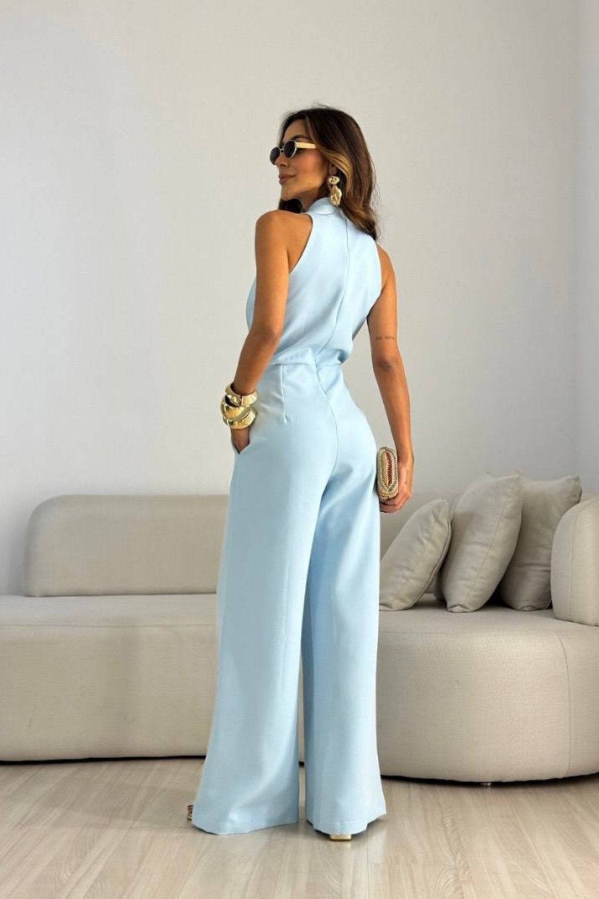 Degaje Yaka Baglama Detay Slim Fit Basic Şık Tulum