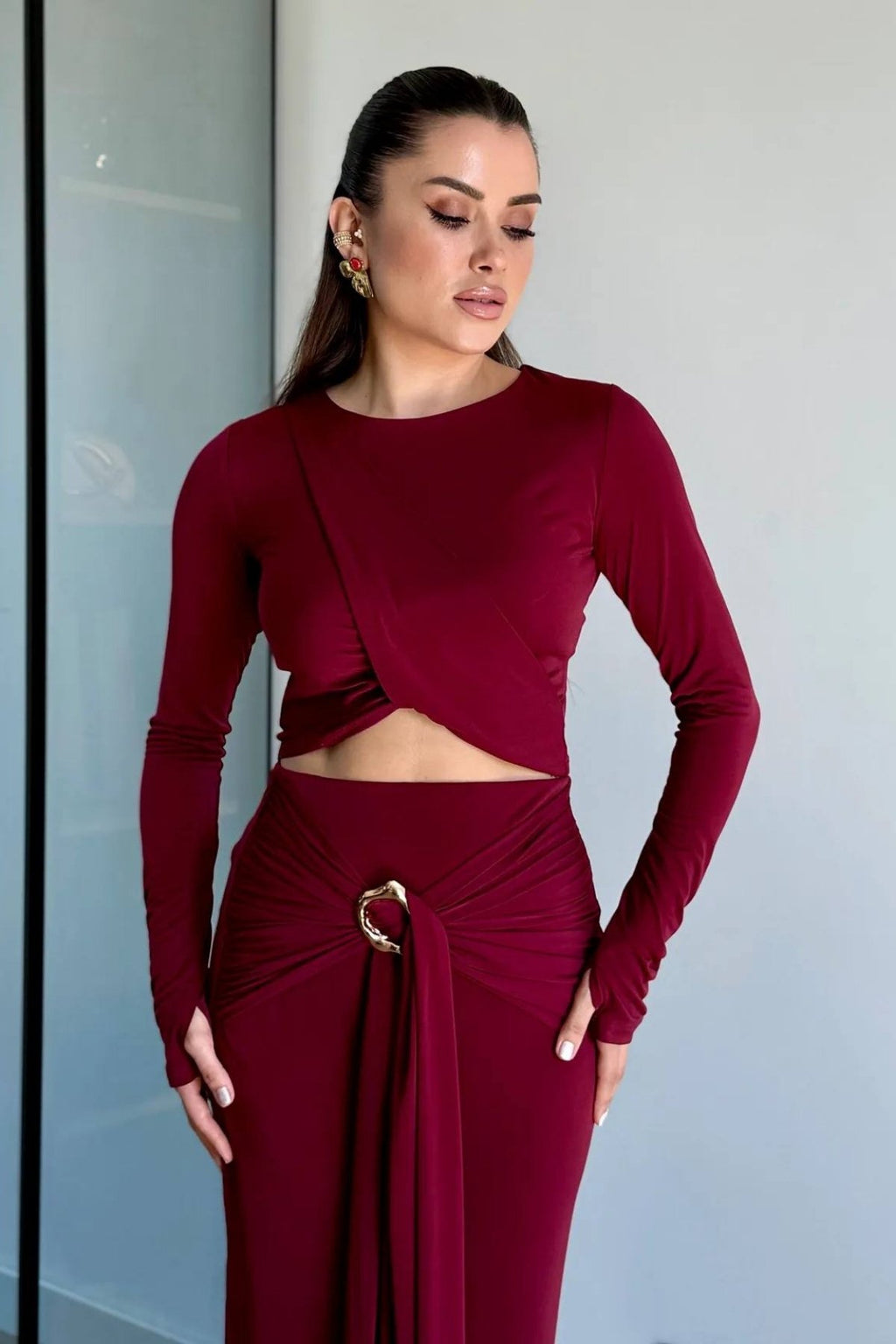 Önden Kapama Model Crop Baglama Toka Detay Yırtmaçlı Etek Takım