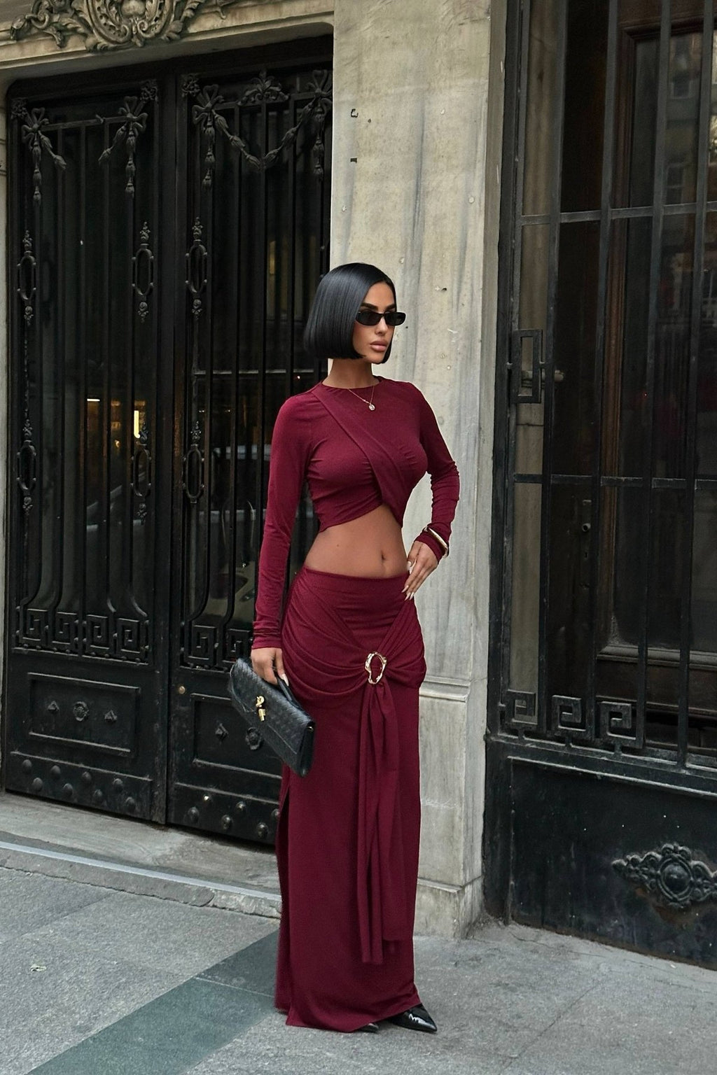 Önden Kapama Model Crop Baglama Toka Detay Yırtmaçlı Etek Takım