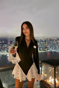 Vatkalı V Yaka Bodysuit Model Dantel Tasarım Şort Ceket Elbise