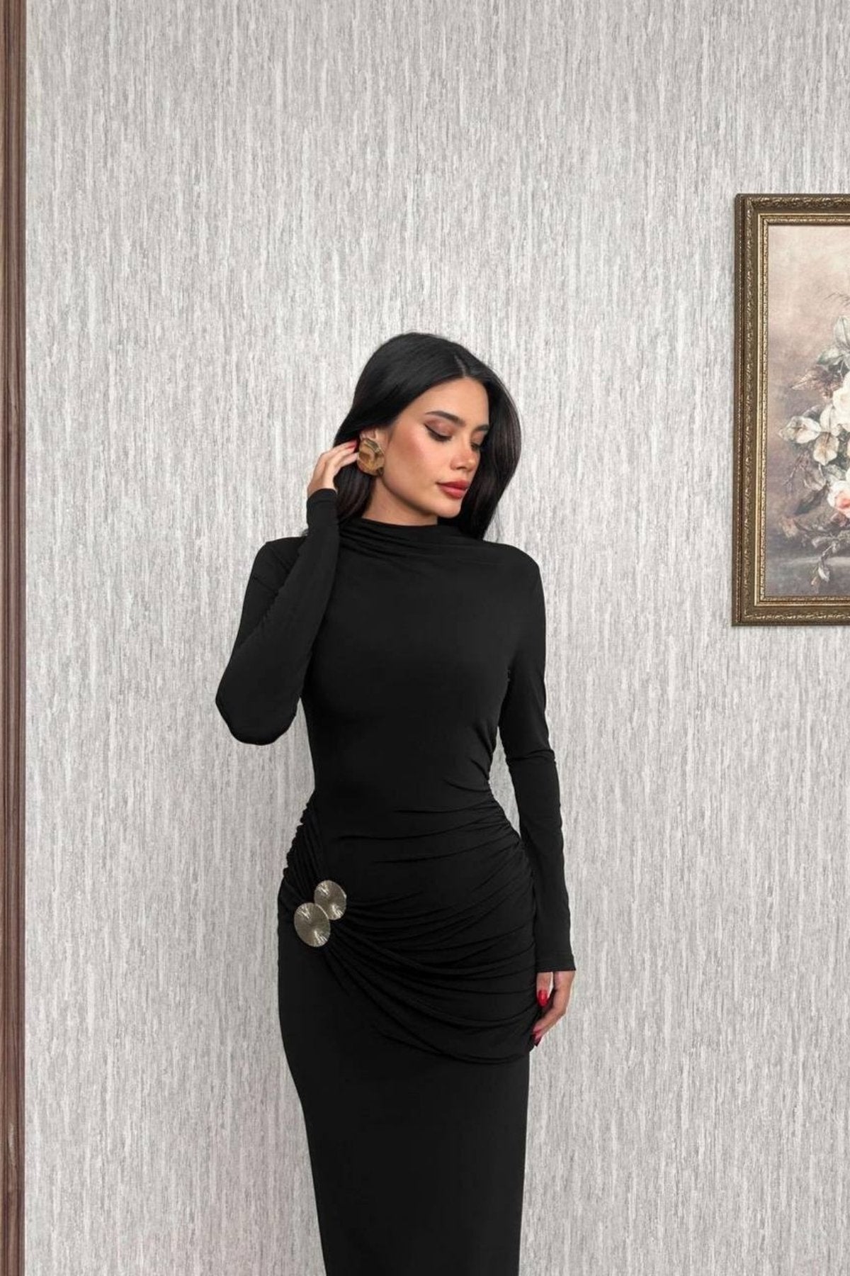 Sıfır Yaka Büzgülü Önden Baglama Aksesuar Dügme Detay  Uzun Elbise