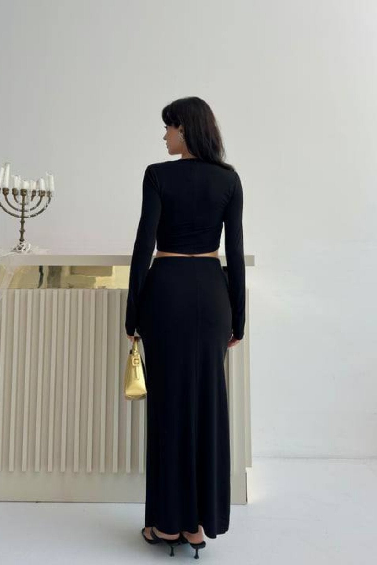 Önden Kapama Model Crop Baglama Toka Detay Yırtmaçlı Etek Takım