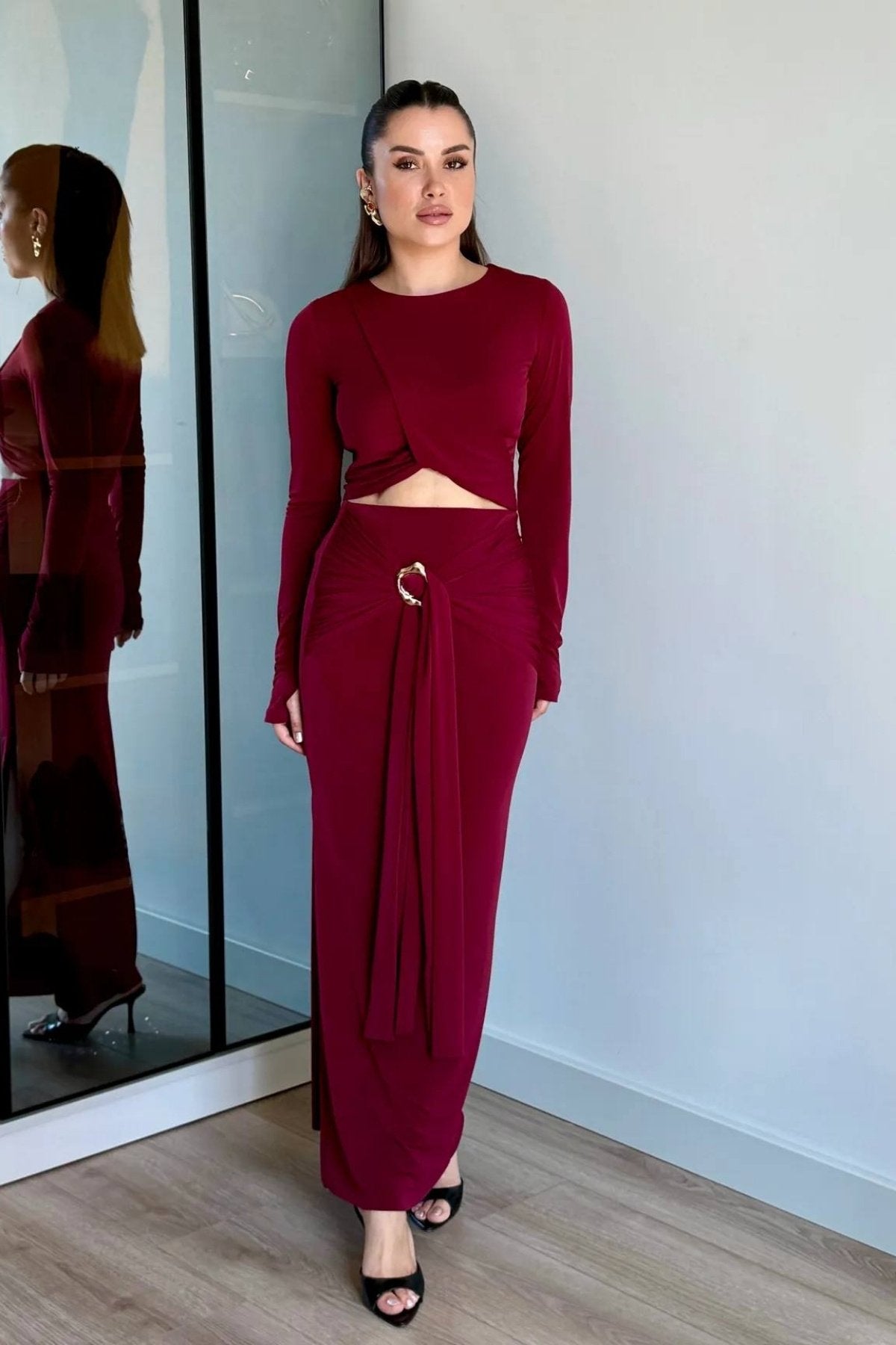 Önden Kapama Model Crop Baglama Toka Detay Yırtmaçlı Etek Takım