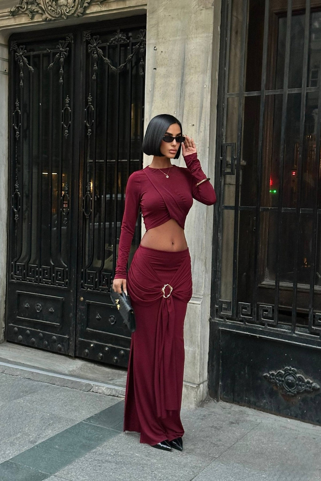 Önden Kapama Model Crop Baglama Toka Detay Yırtmaçlı Etek Takım
