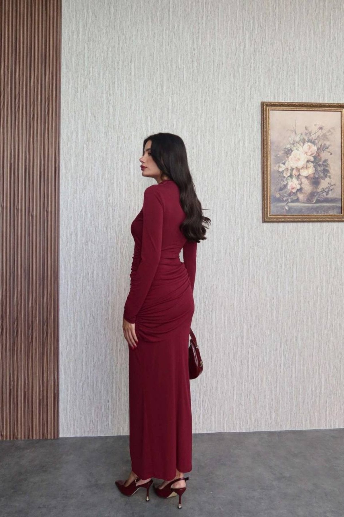 Sıfır Yaka Büzgülü Önden Baglama Aksesuar Dügme Detay  Uzun Elbise