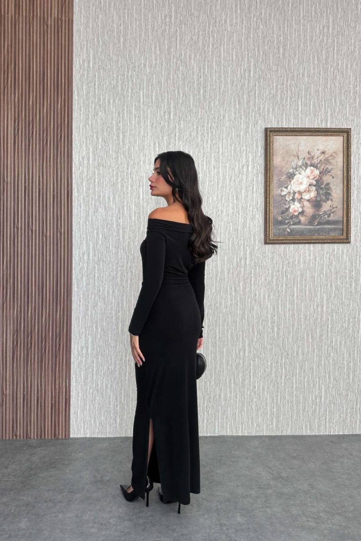 Kayık Yaka Düşük Omuz Belden Baglama Detay Uzun Slip Elbise