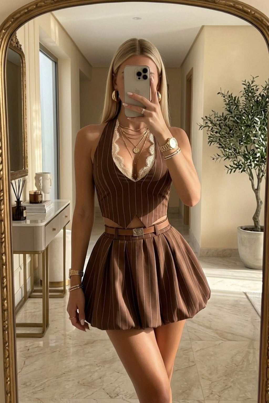 Boyundan Baglama Dantel Detay Çizgili Crop Kemerli Balon Etek Takım