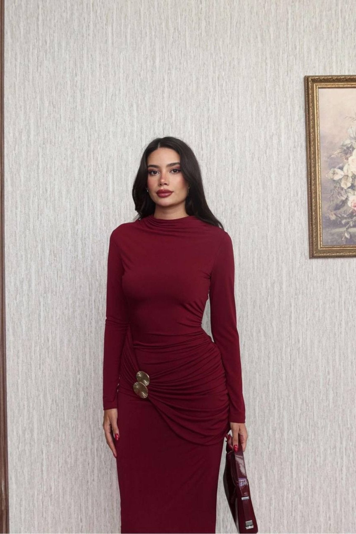 Sıfır Yaka Büzgülü Önden Baglama Aksesuar Dügme Detay  Uzun Elbise