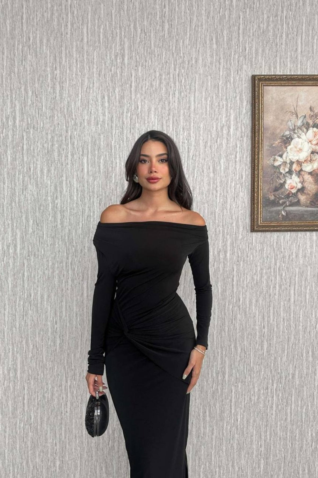 Kayık Yaka Düşük Omuz Belden Baglama Detay Uzun Slip Elbise