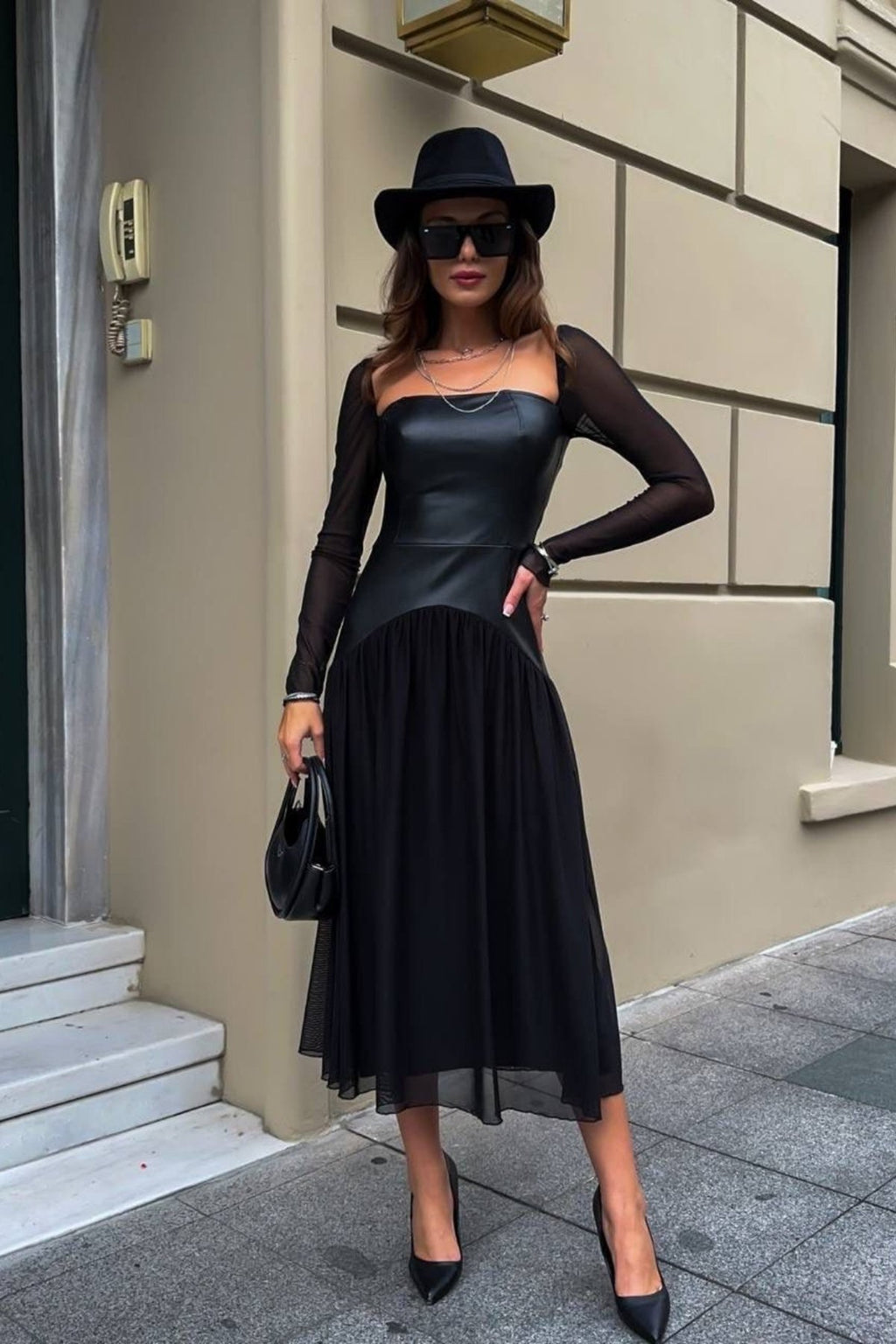 Kare Yaka Deri Korse Detay Tül Detay Midi Bohem Elbise