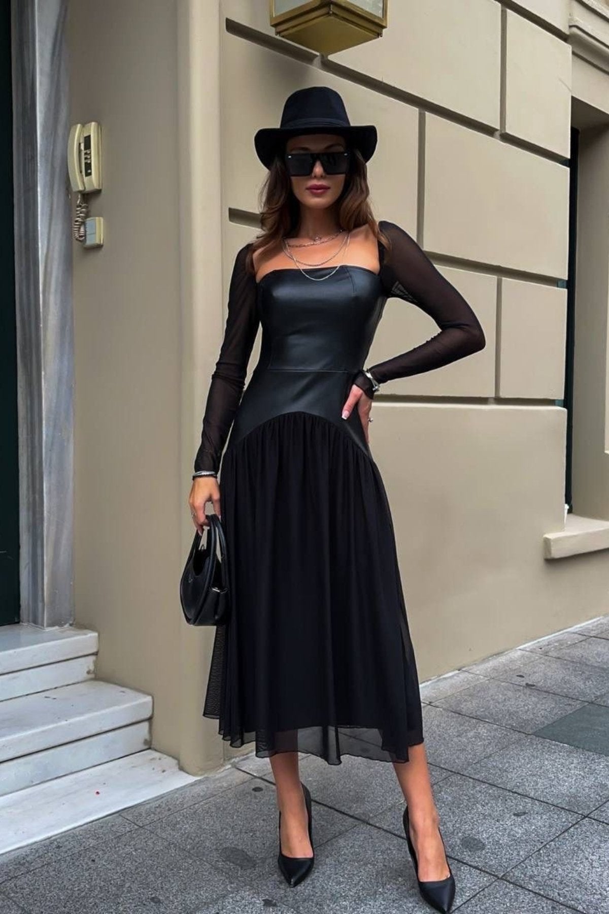 Kare Yaka Deri Korse Detay Tül Detay Midi Bohem Elbise